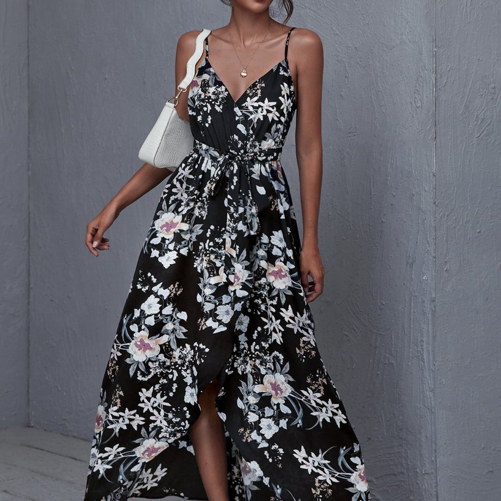New Wrap Belted Floral Print Cami Dress Black - Picture 3 of 5